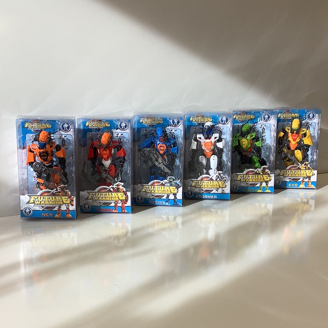 Six action figure boxes featuring transforming warriors lined up for IMEX-Toys 88470TY