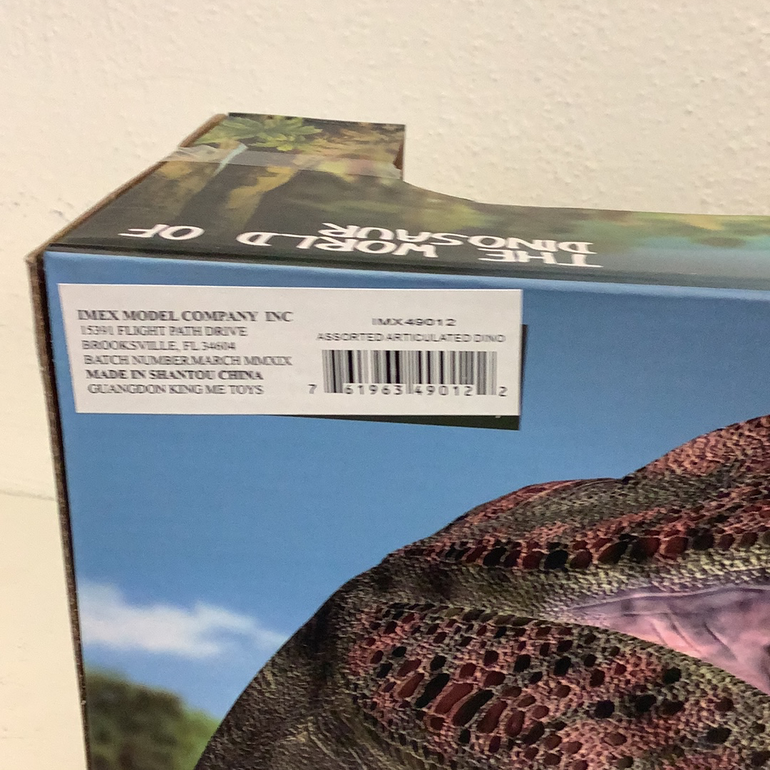 Dinosaur toy set box art showing a textured dinosaur skin for IMEX Model Company IMX49012