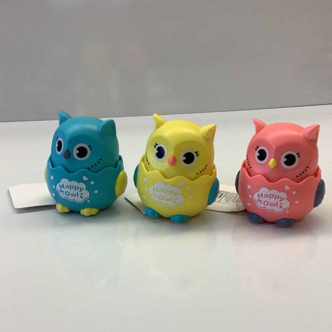 Three colorful, push-and-go owl toys: blue, yellow, and pink for Schylling 88507TY, front view