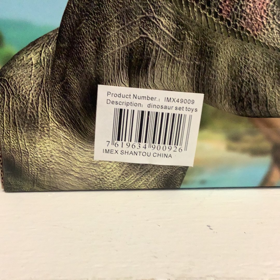 Dinosaur toy packaging showing product number and description for IMEX Model Company IMX49009