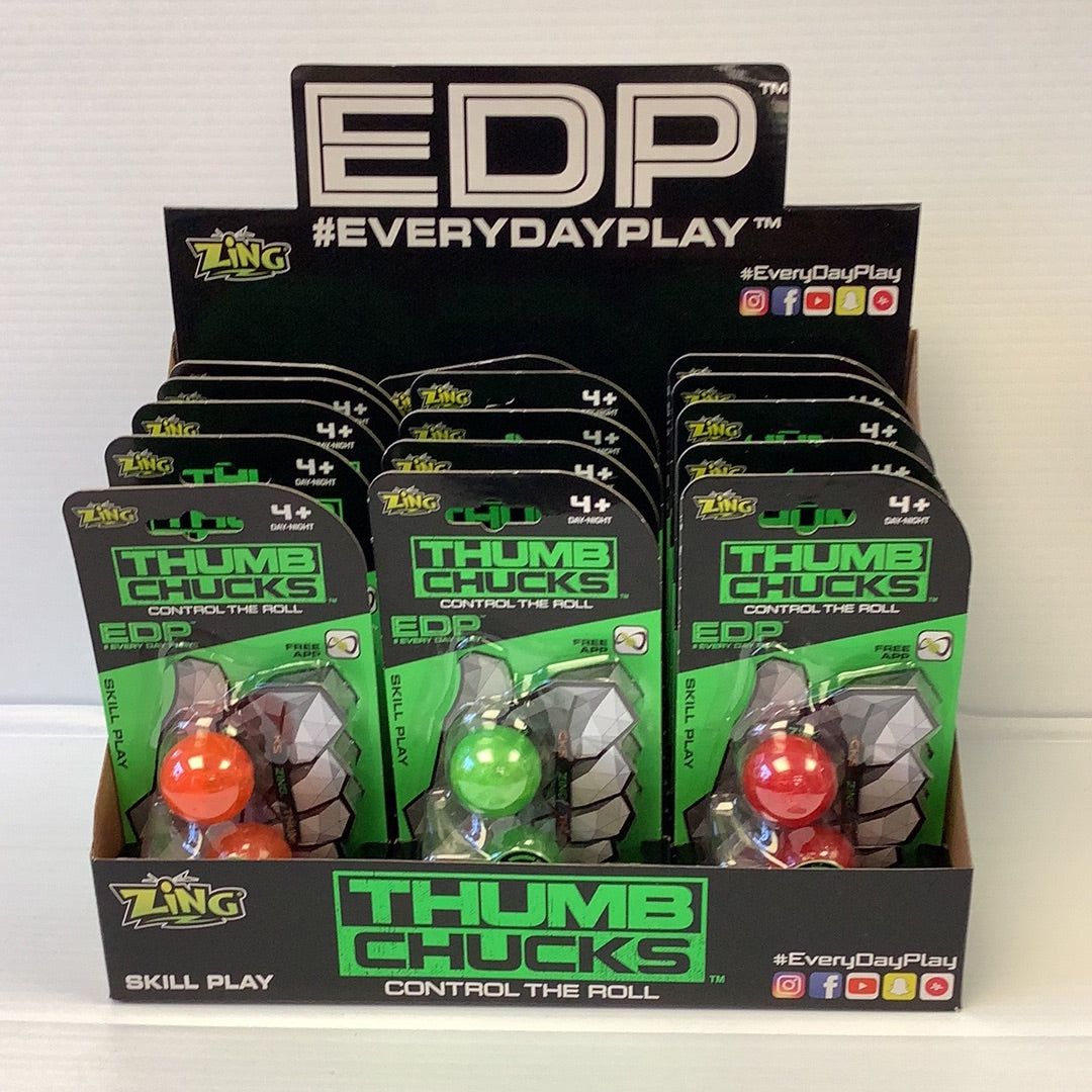 Assortment of colorful, spinning thumb chucks for skill play for Zing ZG888CDU