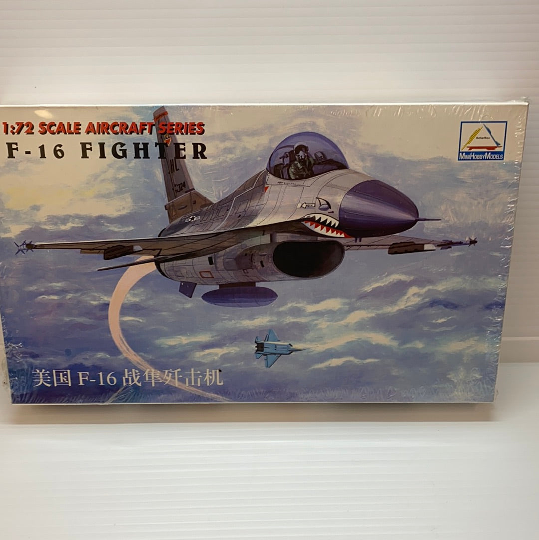 Model kit box art: F-16 fighter jet in flight against a blue sky for Mini Hobby US F-16 Fighter 1/72