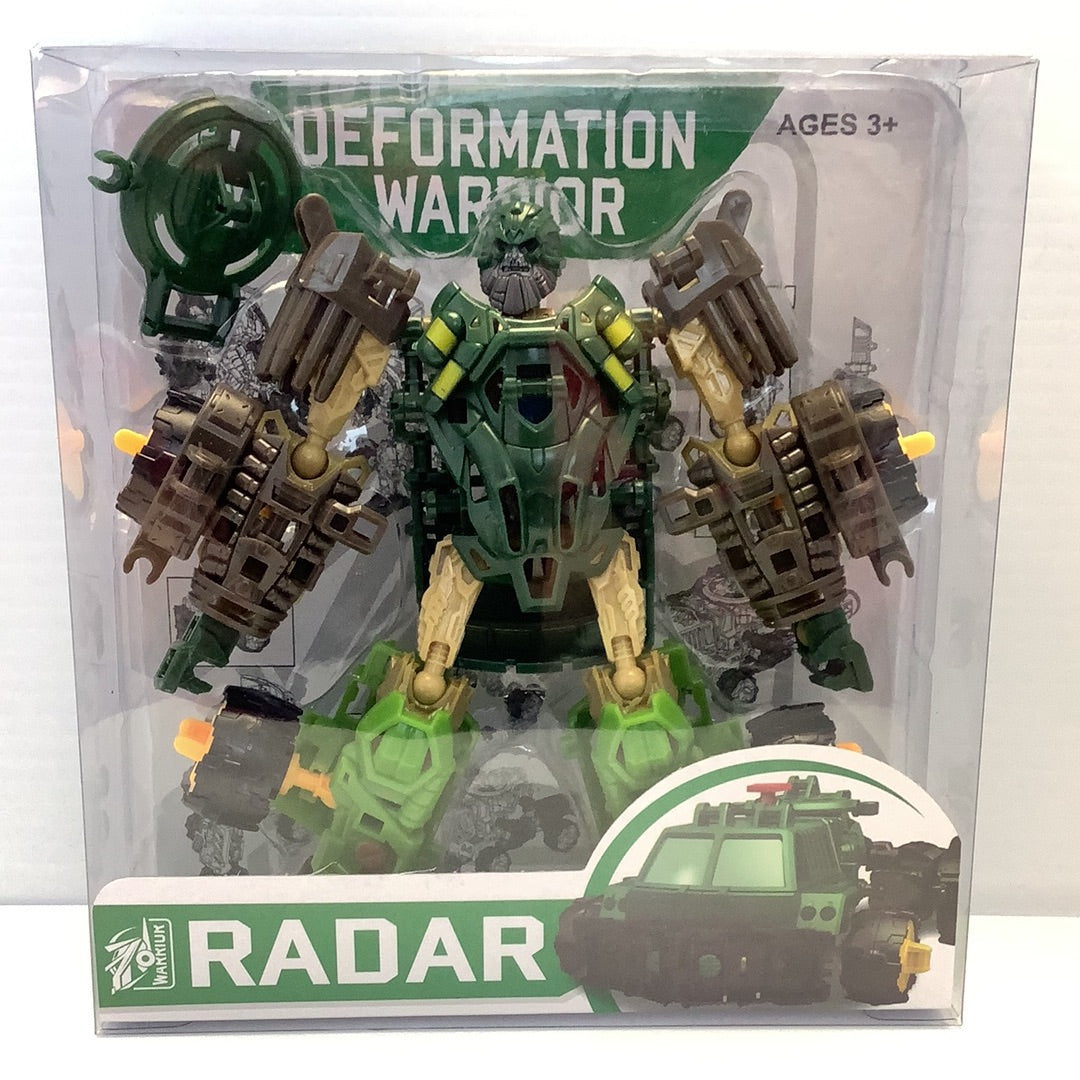 Robot toy action figure, green and brown, displayed in packaging for BVP 86292TY
