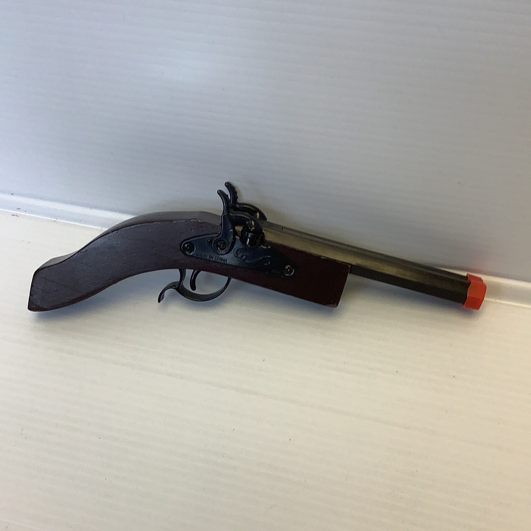 Black flintlock pistol toy with wooden stock and red tip for Parris Toys 2000B
