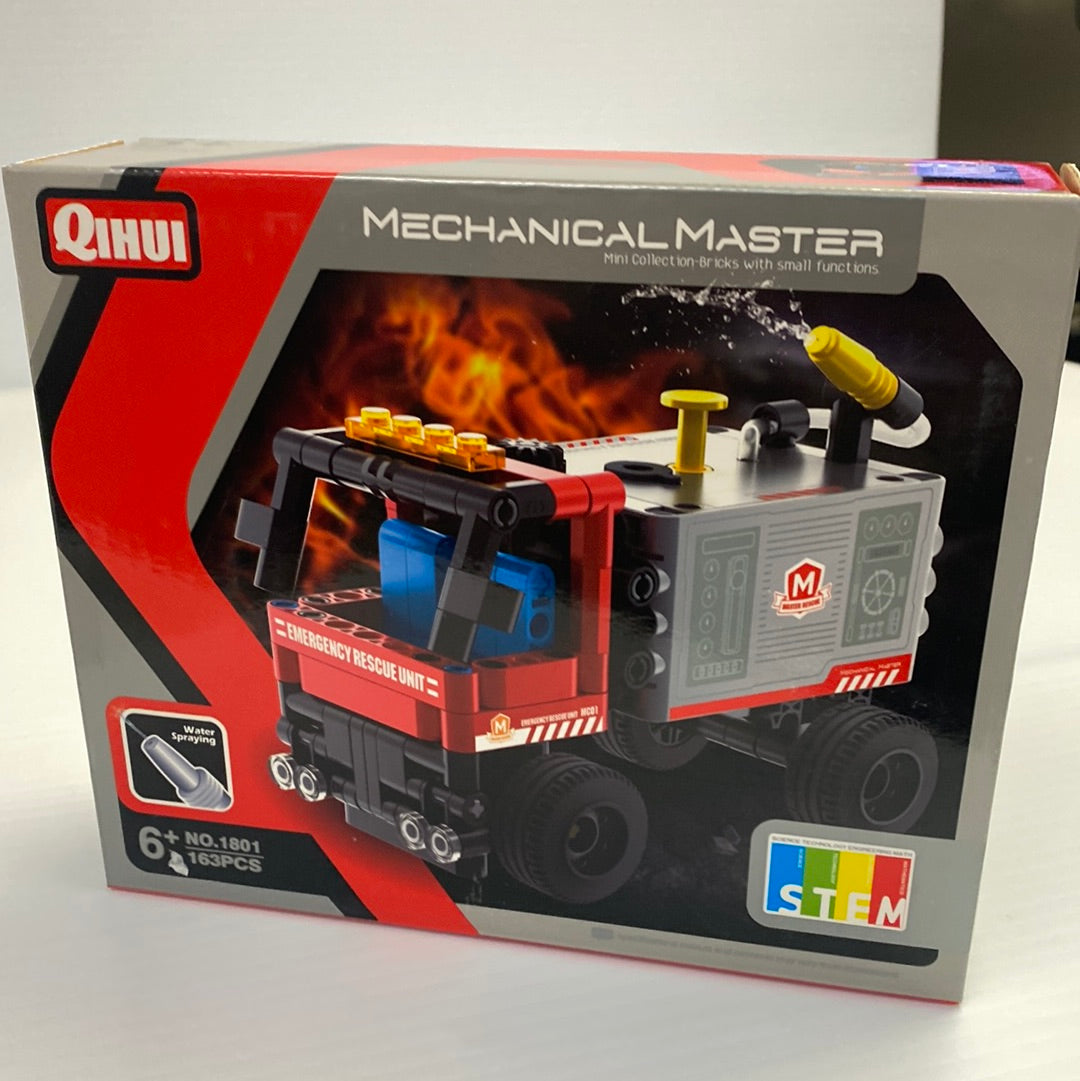 Red and black toy fire truck building set with small functions for Qihui QIH01801