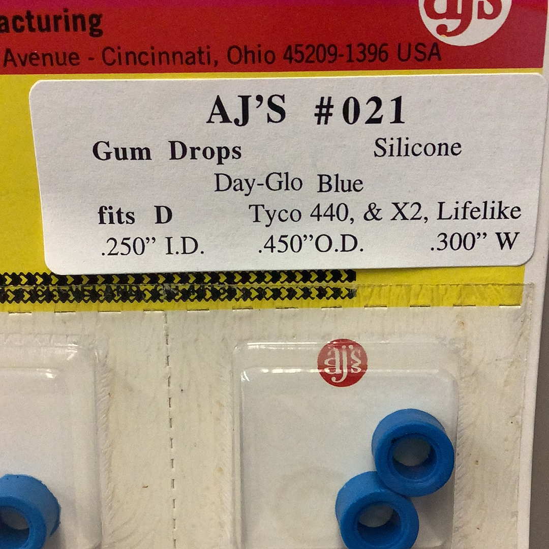 Blue silicone tire rings for Gum Drops, size details listed for Gum Drops Silicone Day-Glo Blue Tires 021