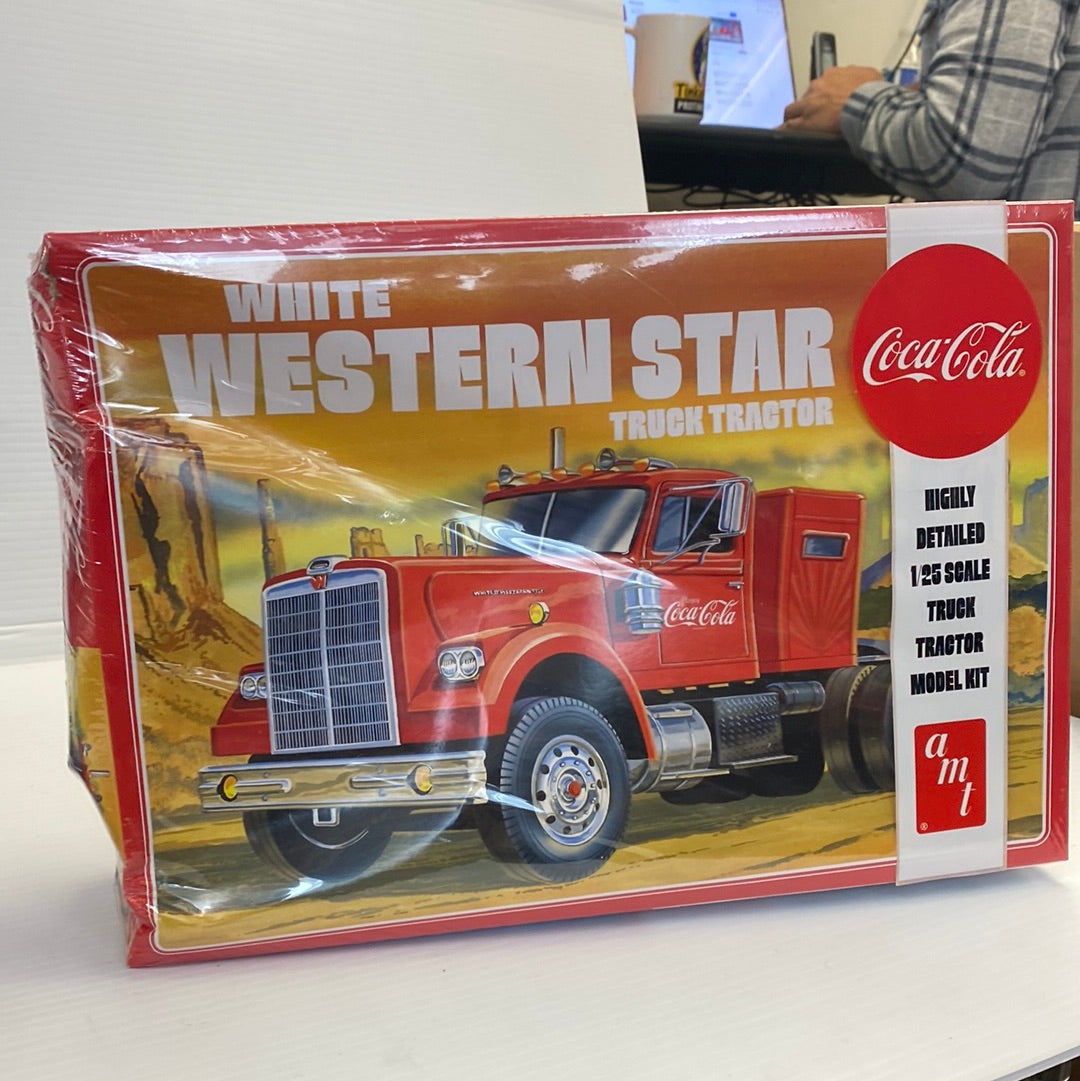 Model kit box art: White Western Star semi tractor with Coca-Cola branding for Round2 AMT1160, package view, product view 2