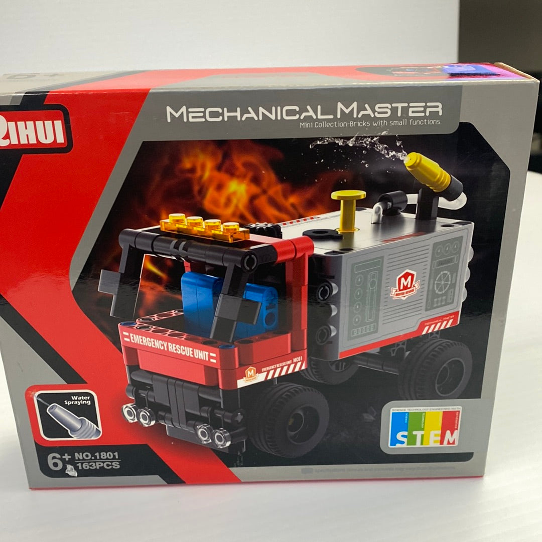 Red and black toy fire truck building set with water spraying feature for Qihui QIH01801