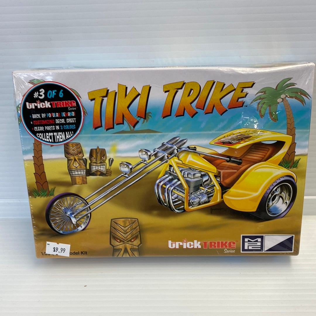 Yellow, vintage-style tricycle model kit box art for MPC Models MPC894