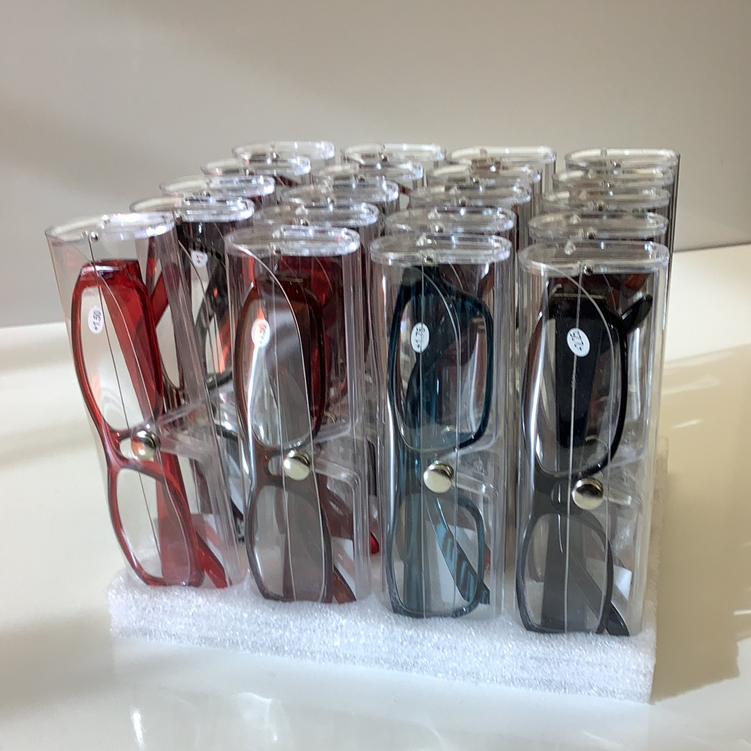 Assortment of reading glasses in various frames, displayed upright for Schylling 83680, rear view