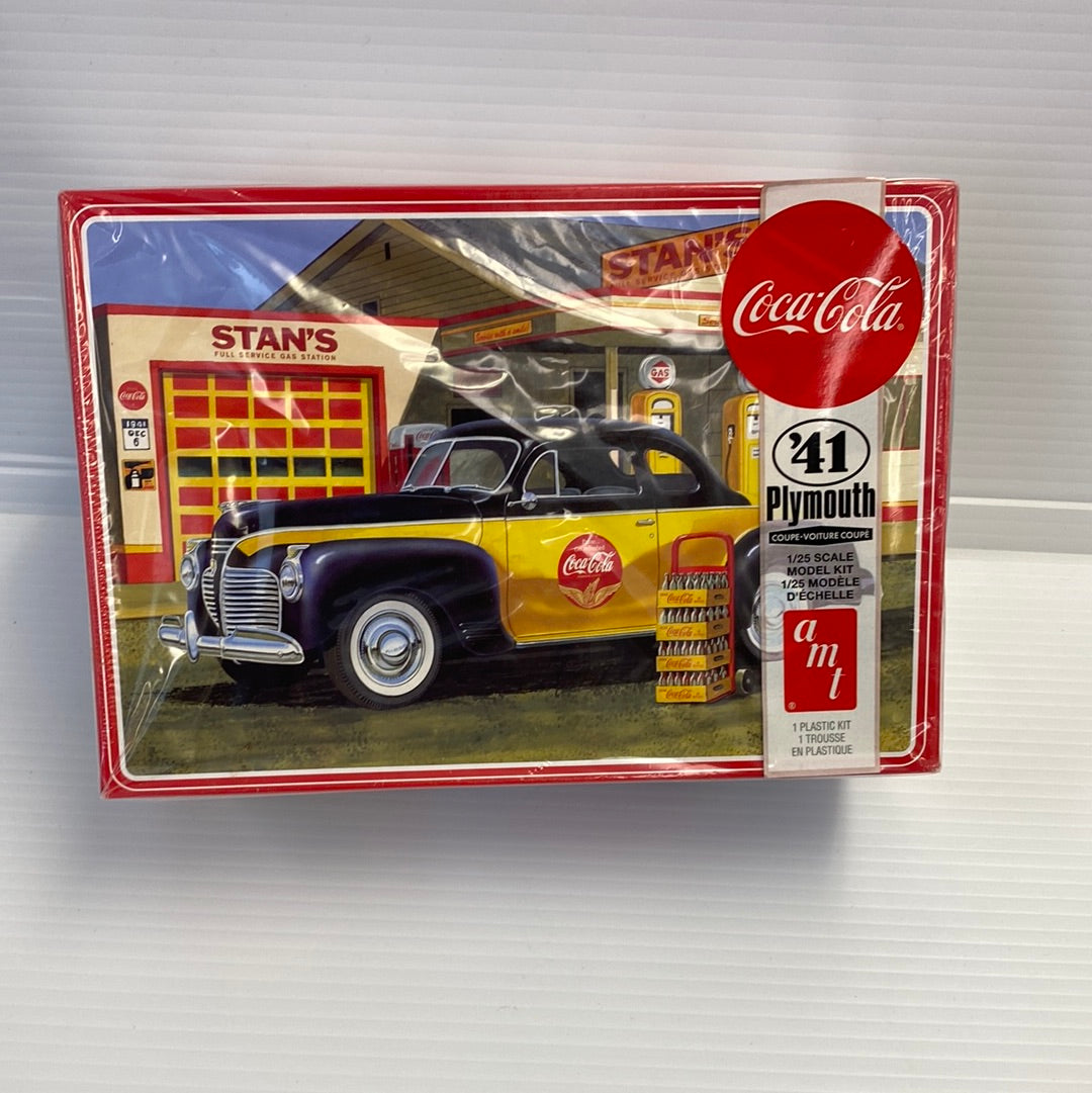 Model kit box art: 1941 Plymouth Coupe at a Coca-Cola gas station for AMT Models AMT1197