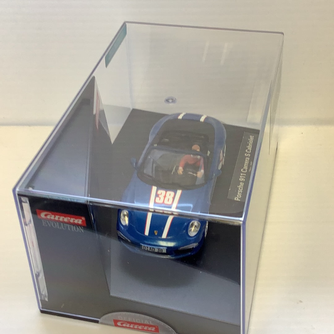 Slot car of a blue Porsche 911 Carrera S Cabriolet, number 38 for 27550