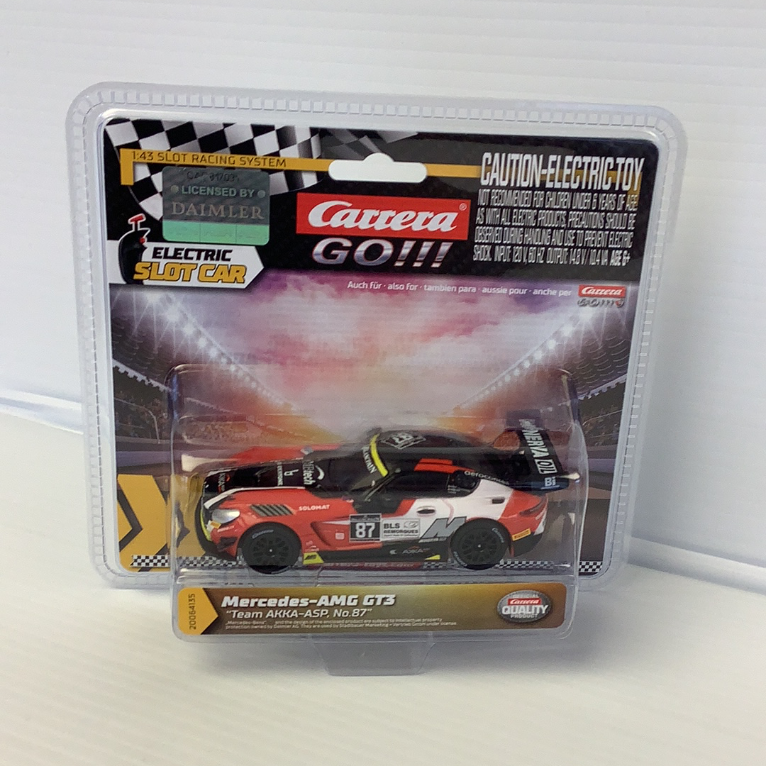 Slot car packaging featuring a Mercedes-AMG GT3 race car model for Carrera Go 20064135