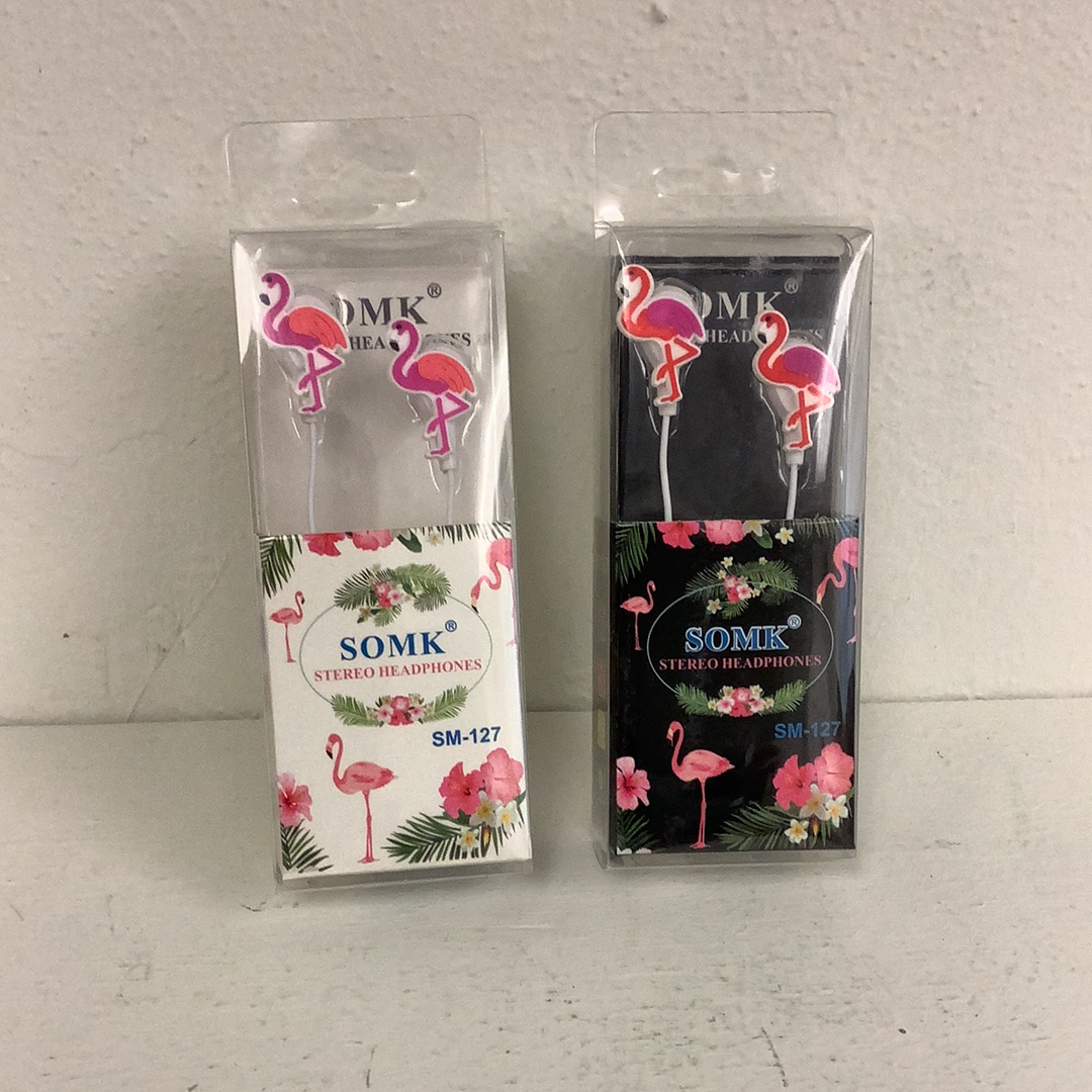 Pink flamingo patterned stereo headphones in clear packaging for IMEX-Toys 87621EL