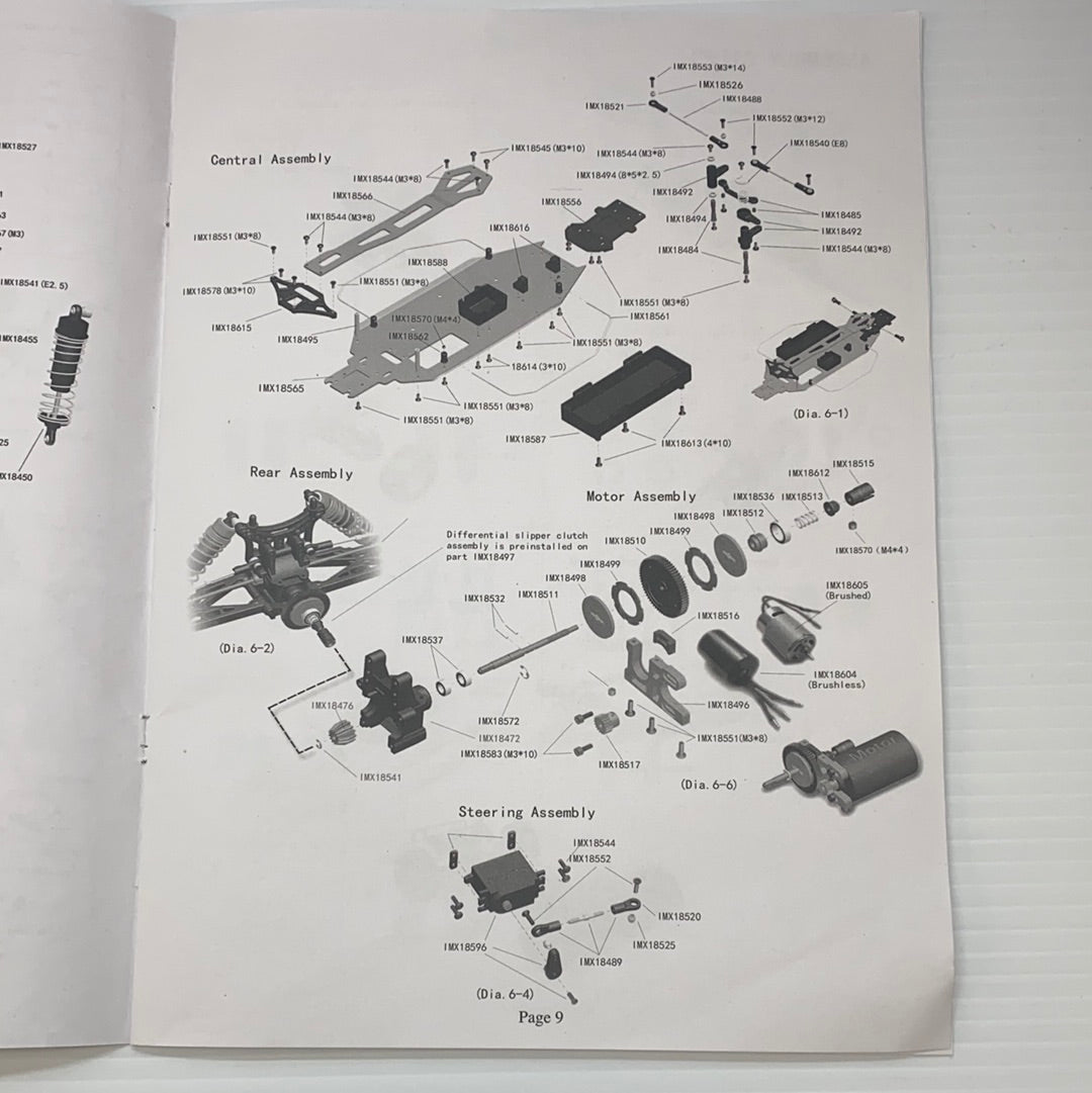 Samurai Parts List diagram showing various assemblies: Central, Rear, Motor, Steering for IMX18468, parts view