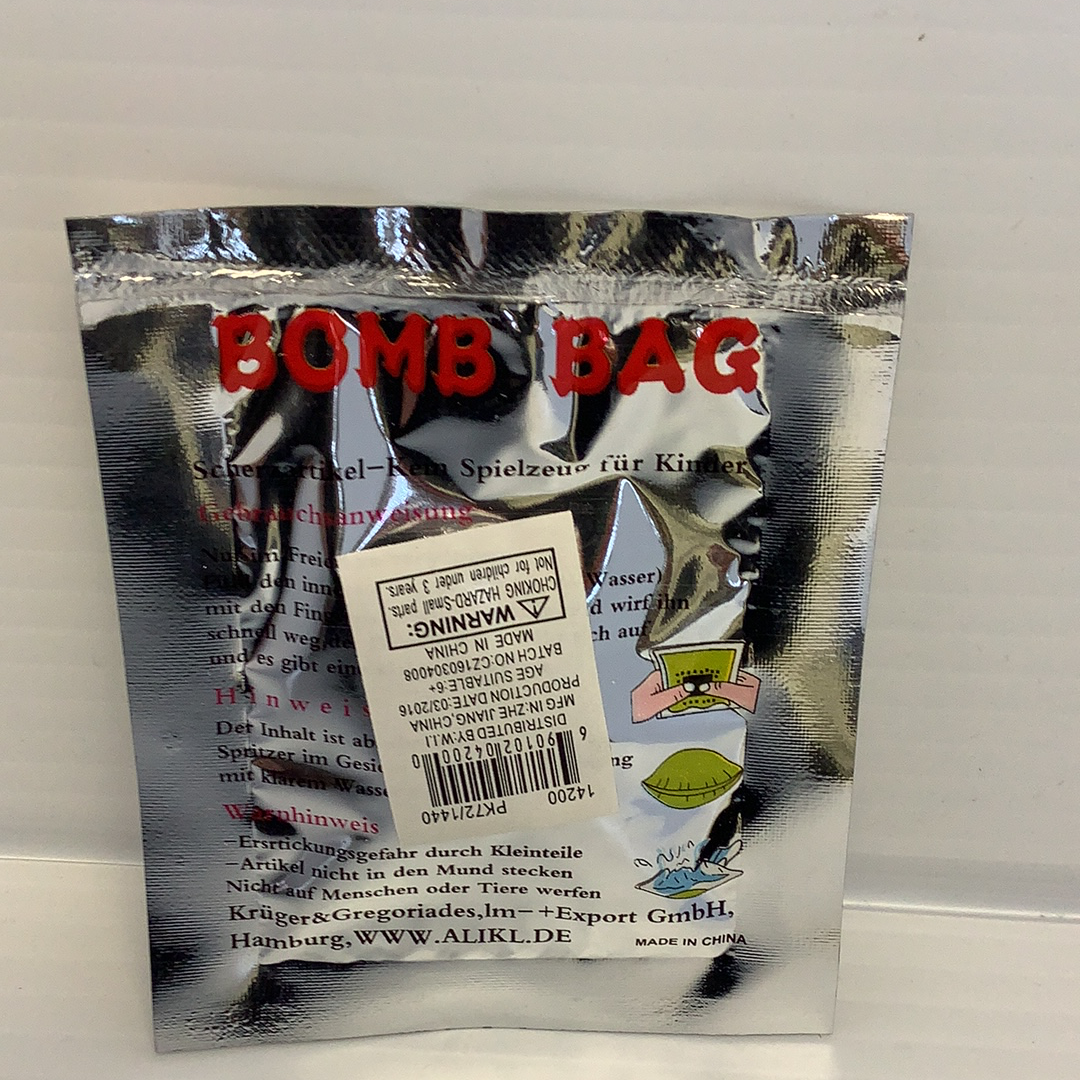 Product packaging for a toy labeled "BOMB BAG." for BVP 14200