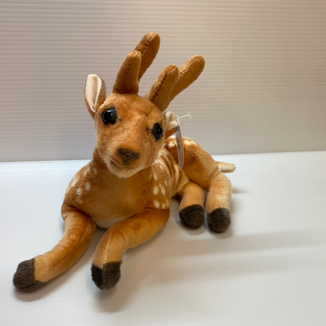 Stuffed deer toy lying down, tan and brown plush for Real Planet DE32P