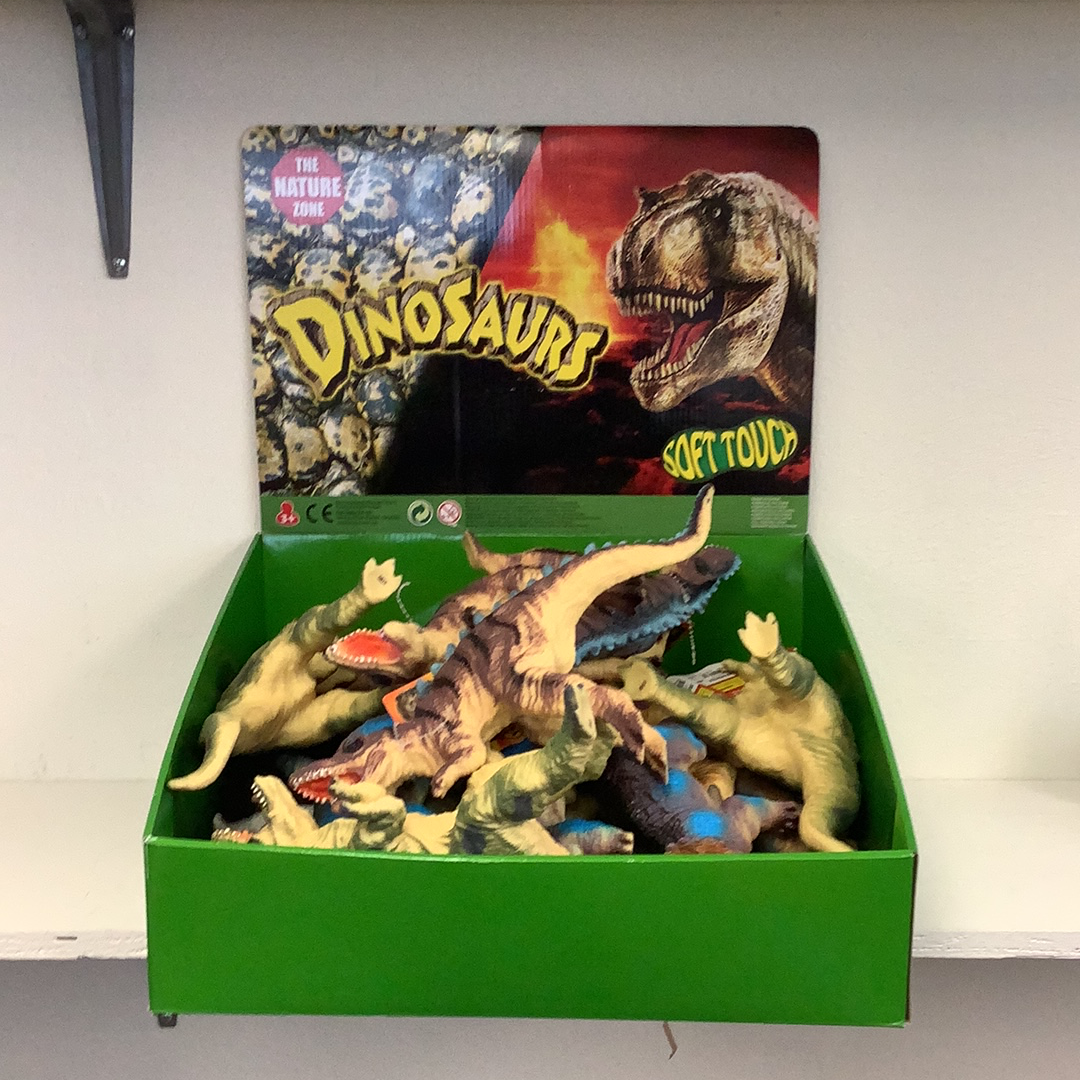 Green bin filled with soft, toy dinosaur figures for Schylling IMX49433