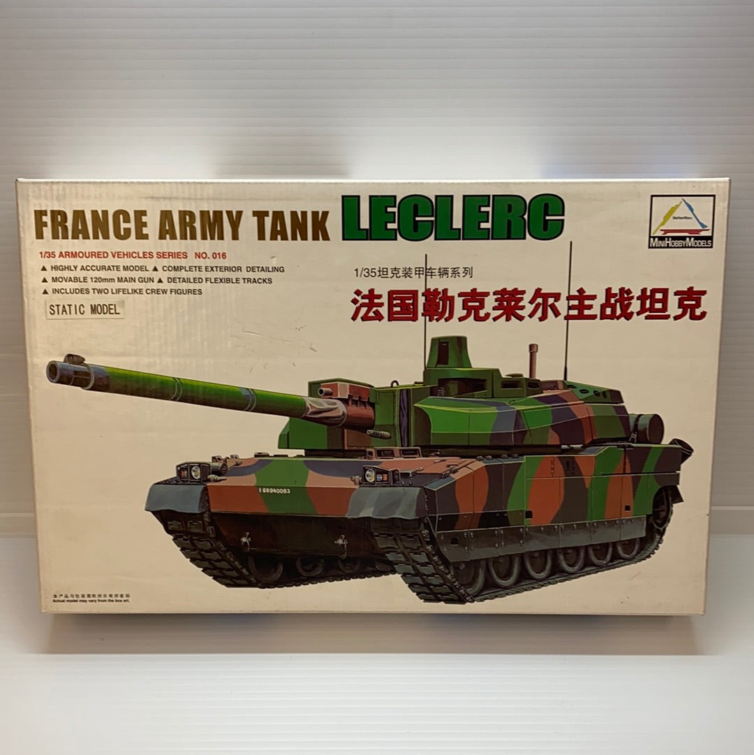 Model kit box art for a French Leclerc tank, showing the assembled model for Mini Hobby 80110