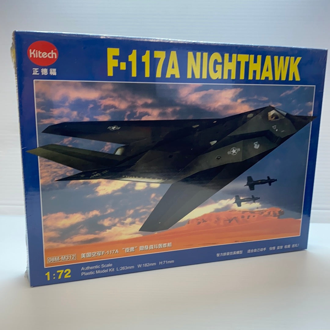 Model kit box art showing F-117A NightHawk stealth fighter jet for Kitech