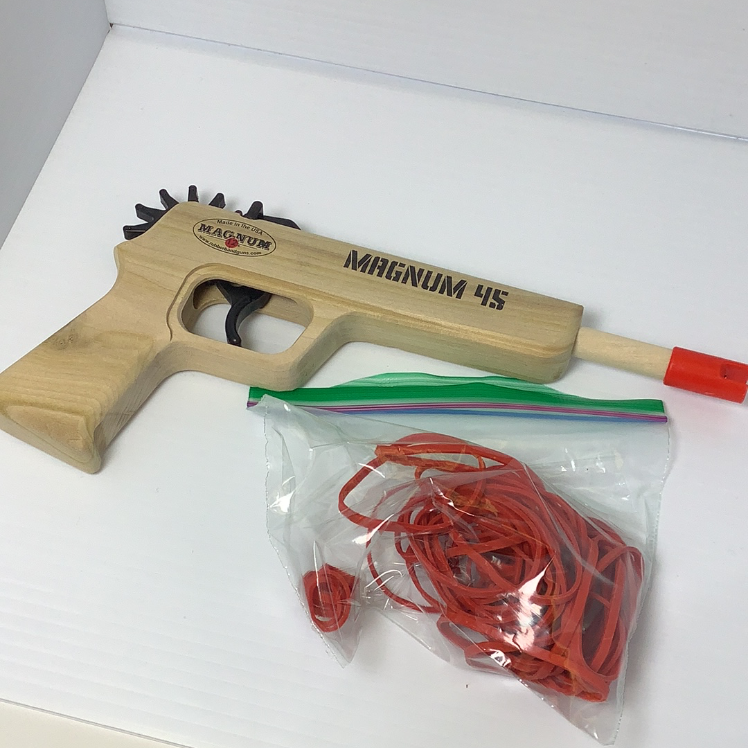 Wooden toy pistol with red rubber bands for play for Magnum Rubber Band Guns GL2M45