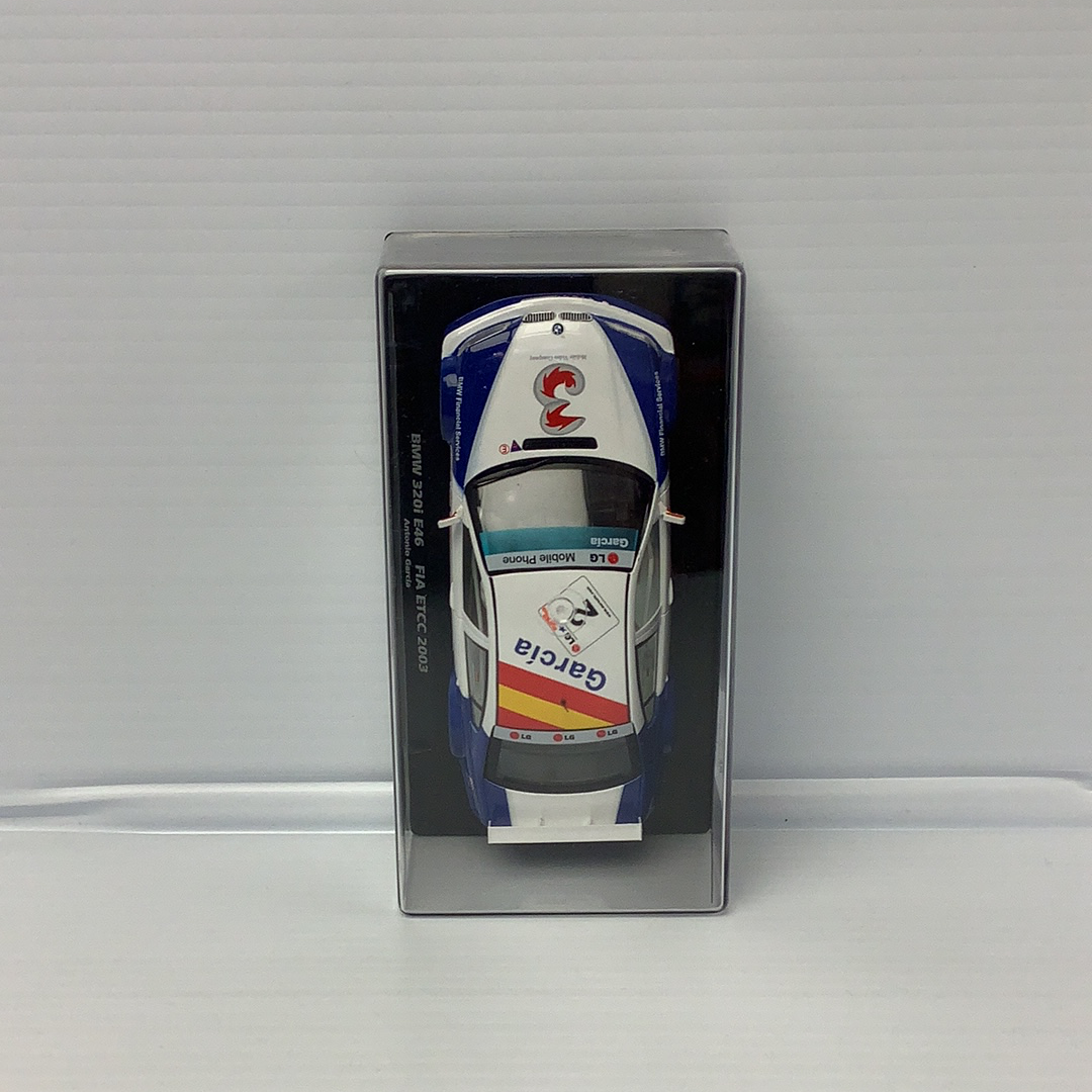 Slot car of a 2003 BMW 320i E46 race car in its box for Fly Car 88123
