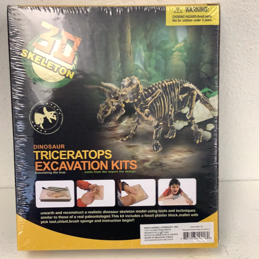 Dinosaur skeleton excavation kit showing a triceratops fossil model for IMEX Model Company IMX49016