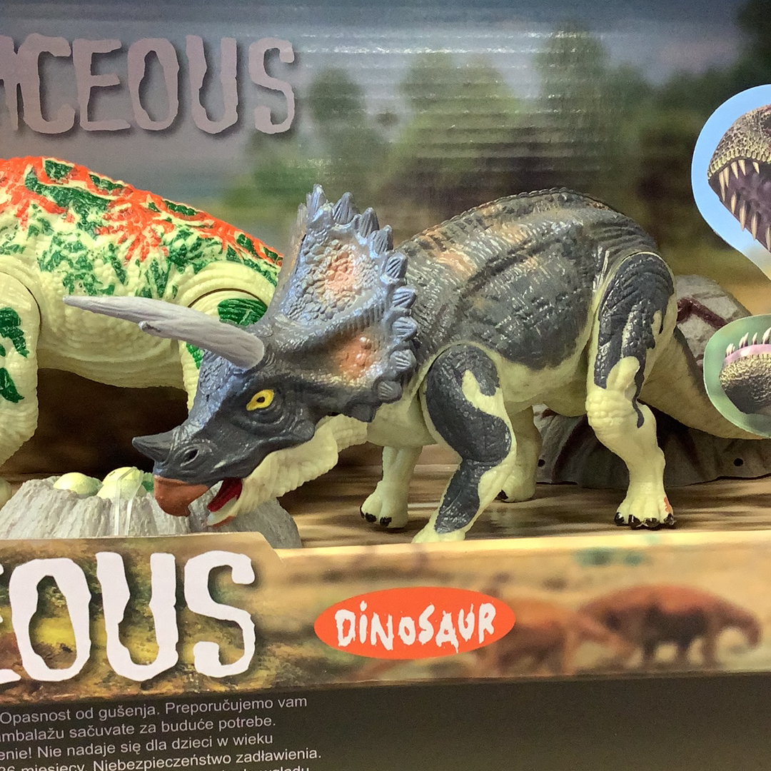 Three articulated dinosaur toys: a T-Rex, a Triceratops, and a Stegosaurus for 3 dinosaurs 49012