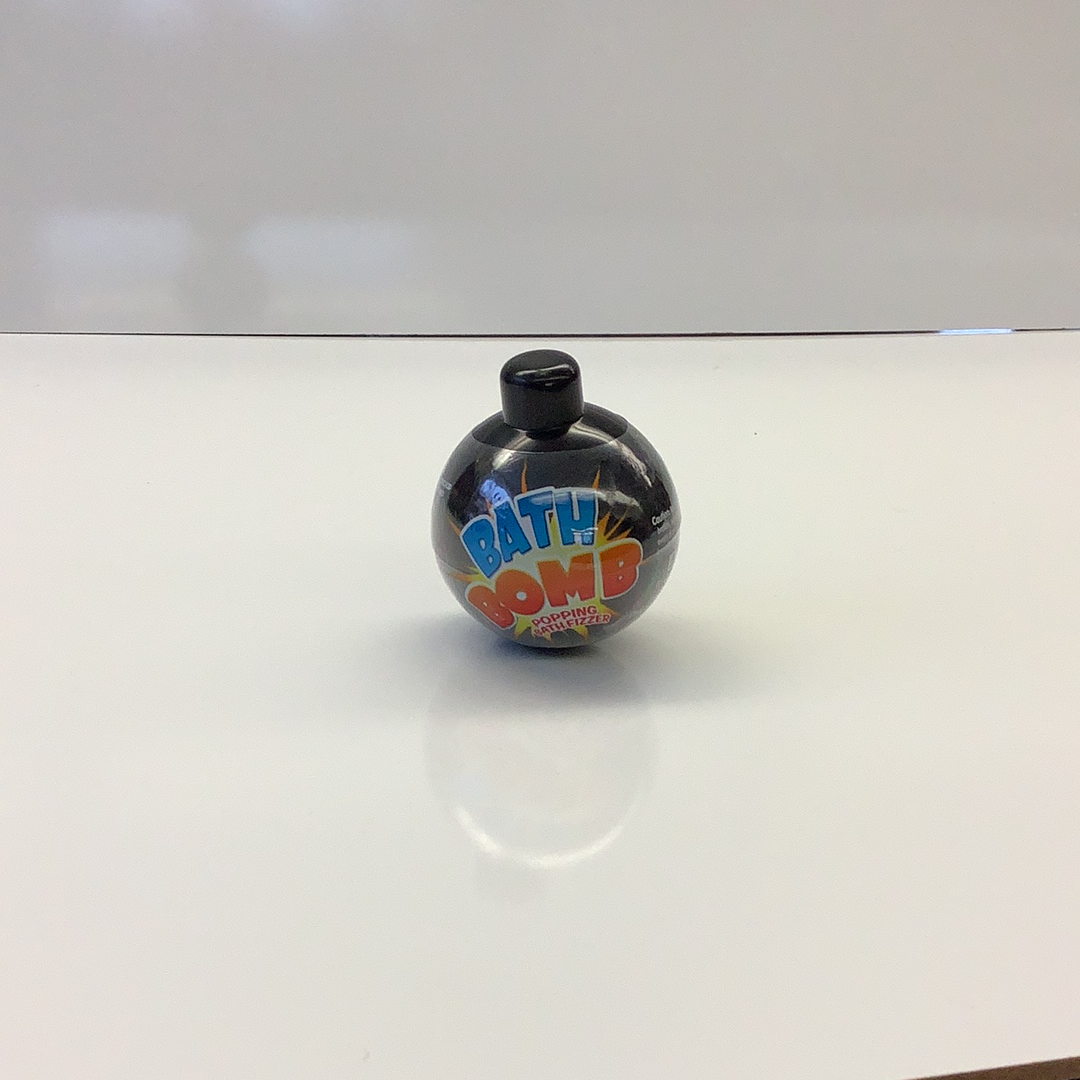 Black bath bomb with colorful "BATH BOMB" text on the front for Schylling BATHB