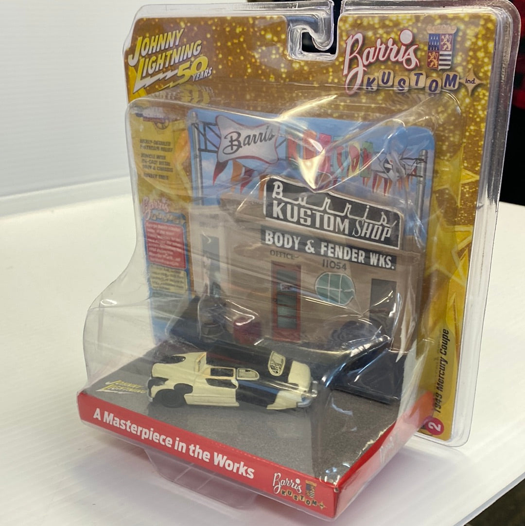 Die-cast model of a 1948 Mercury Coupe in a display case for Johnny Lightning JLDR008