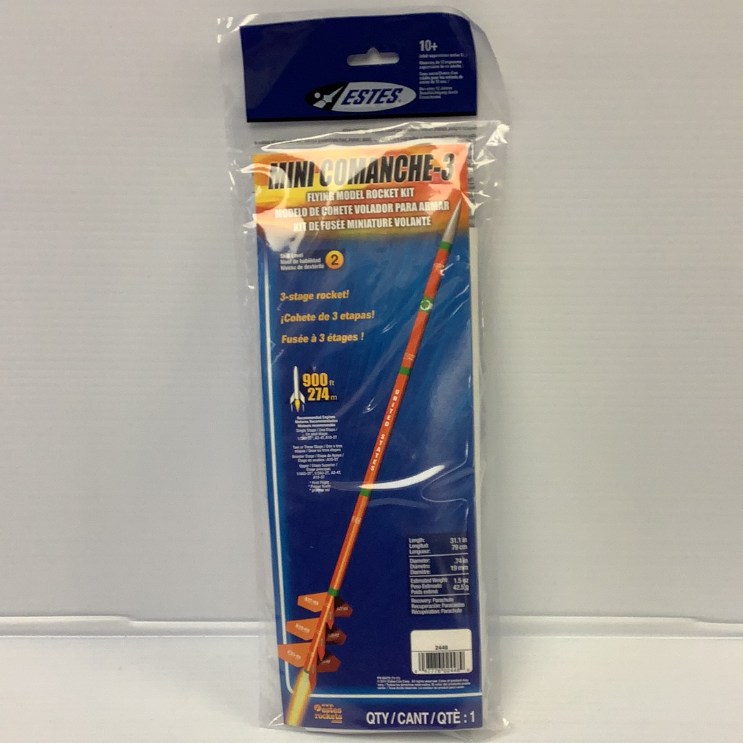 Rocket model kit packaging showing a 3-stage flying rocket for Estes 2448