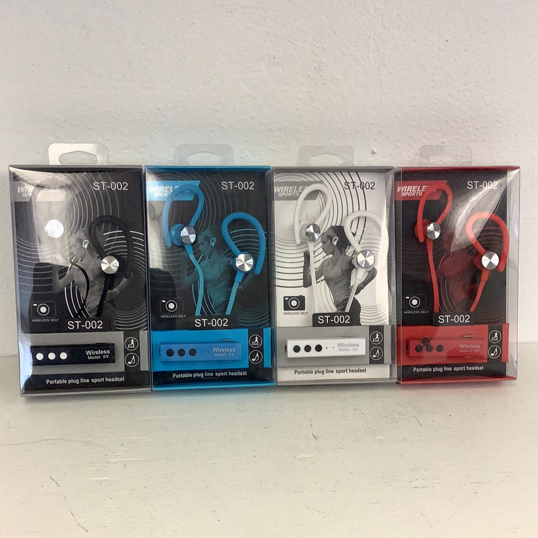 Four sport Bluetooth headsets in silver, blue, black, and red for Schylling 86581EL