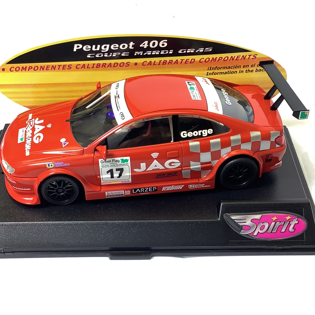 Red slot car replica of a Peugeot 406 Coupe Mardi Gras for SPIRIT 0501102