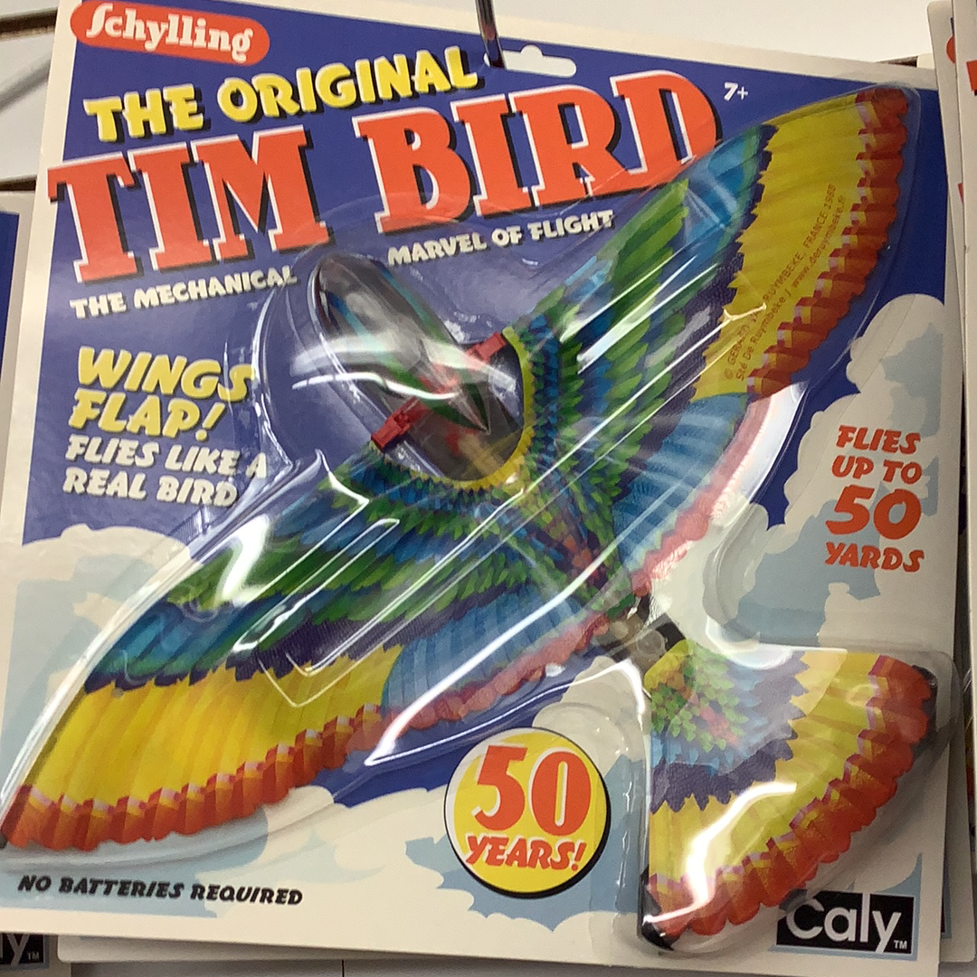 Toy flyer showing a mechanical bird toy, The Original Tim Bird, flies up to 50 yards for Schylling NTN
