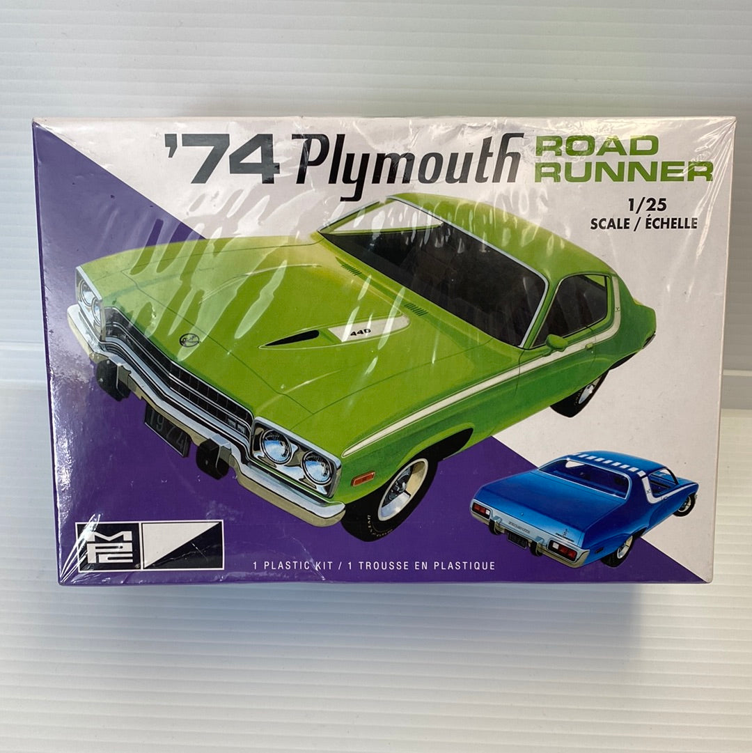 Green and blue 1974 Plymouth Road Runner model kit box art for AMT Model MPC920, package view, product view 1