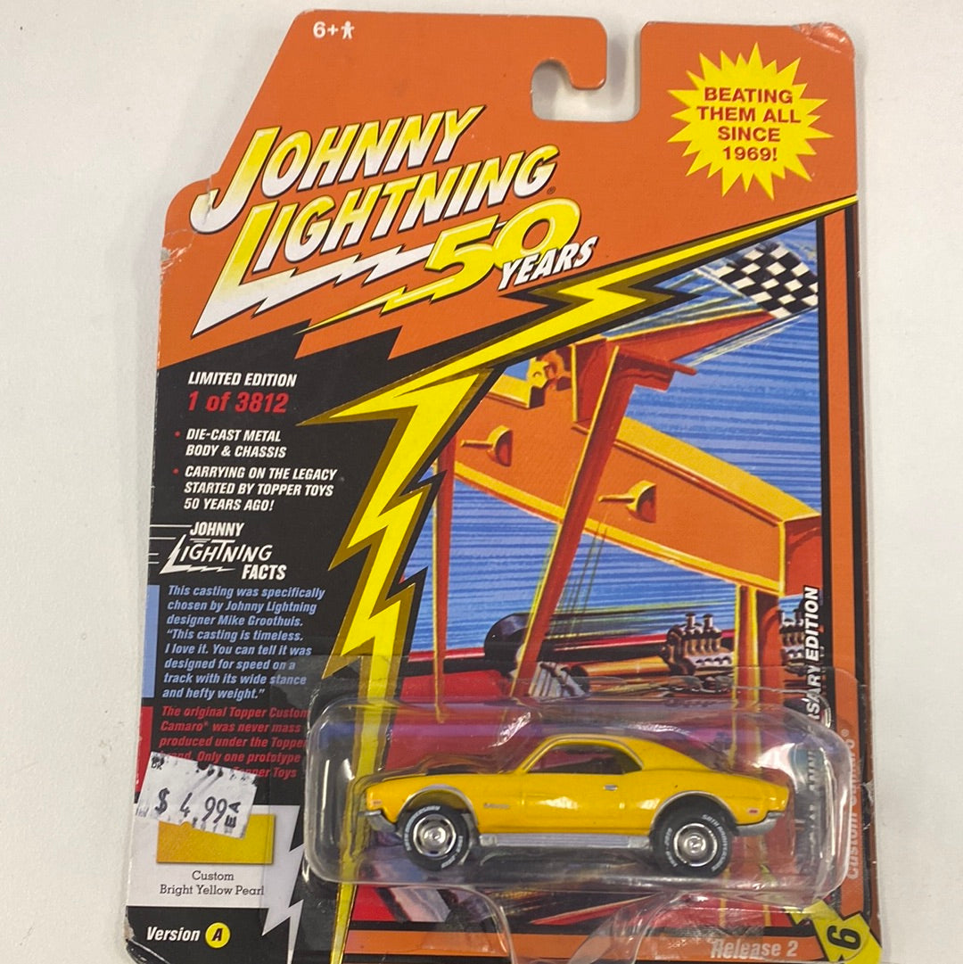 Yellow die-cast toy car packaging for Johnny Lightning 50 Years for JLCG020