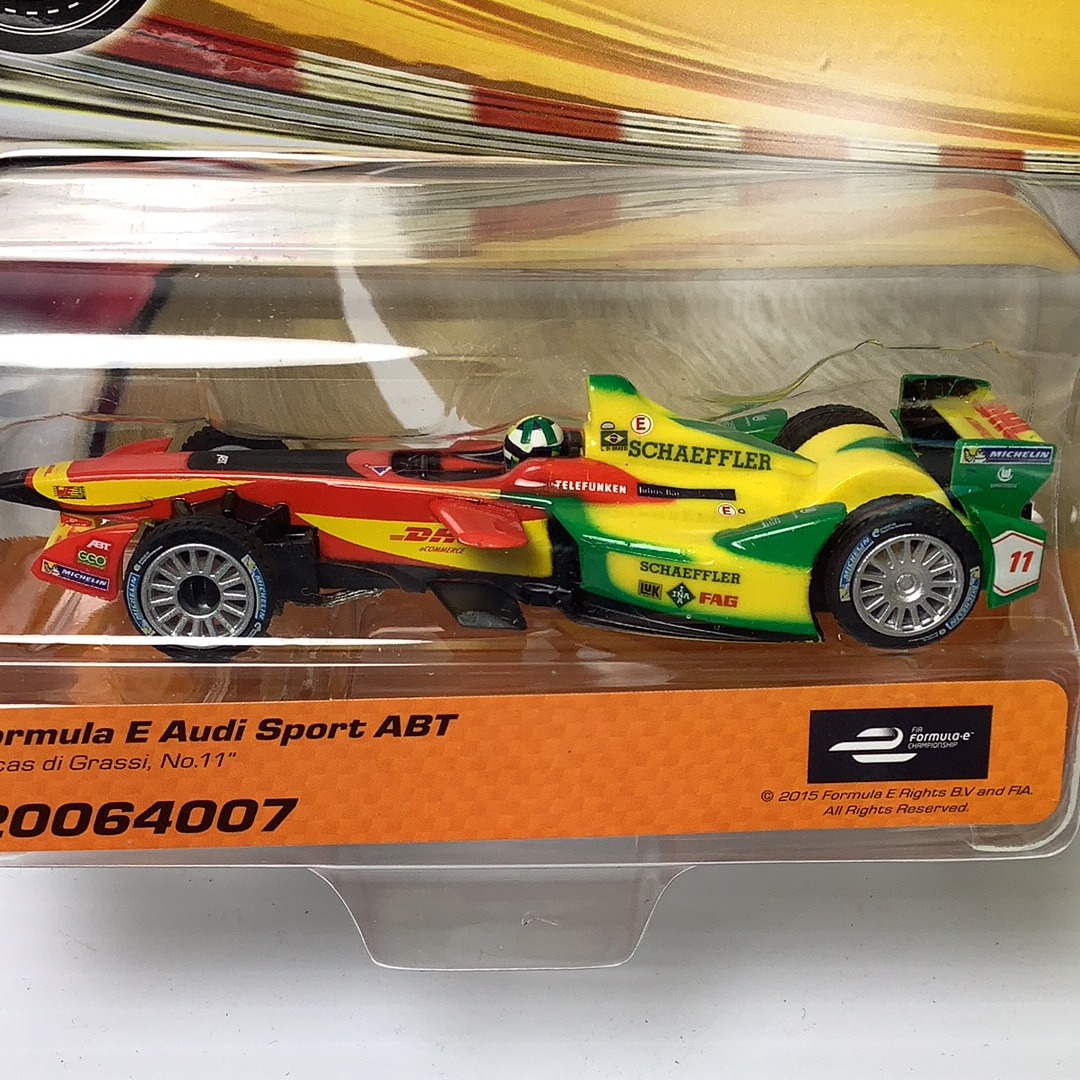 Red and yellow Formula E race car model, front view, on display base for Carrera Go 20064007