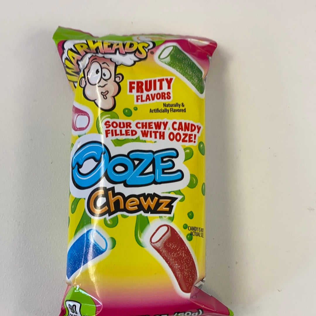 Yellow candy bag with cartoon face, labeled "OOZE Chewz" fruity flavors for Mountain Sweet 45118