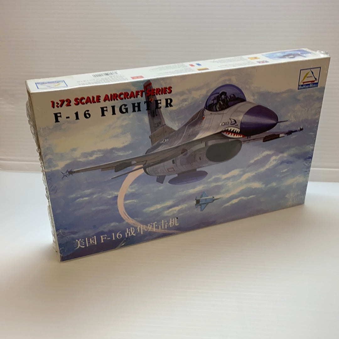 Model kit box art showing a 1:72 scale F-16 fighter jet in flight for Mini Hobby US F-16 Fighter 1/72