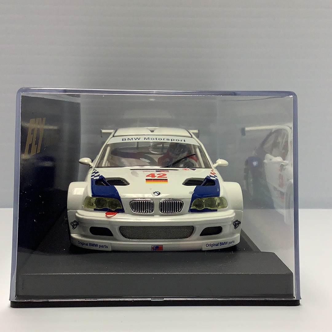 White BMW M3 GTR race car model in a display case for Fly Car 88001