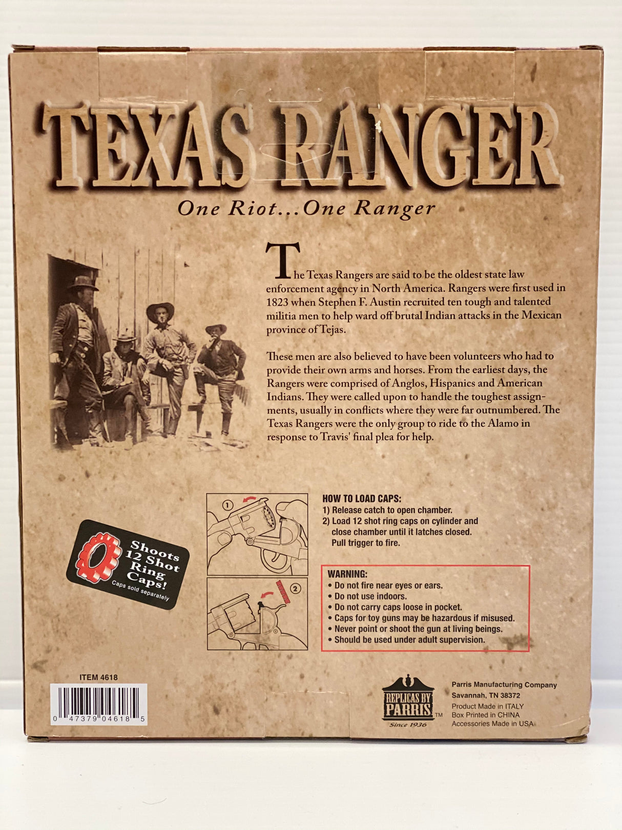 Toy set box art for Texas Ranger, featuring historical text and toy details for Parris Toys 4618