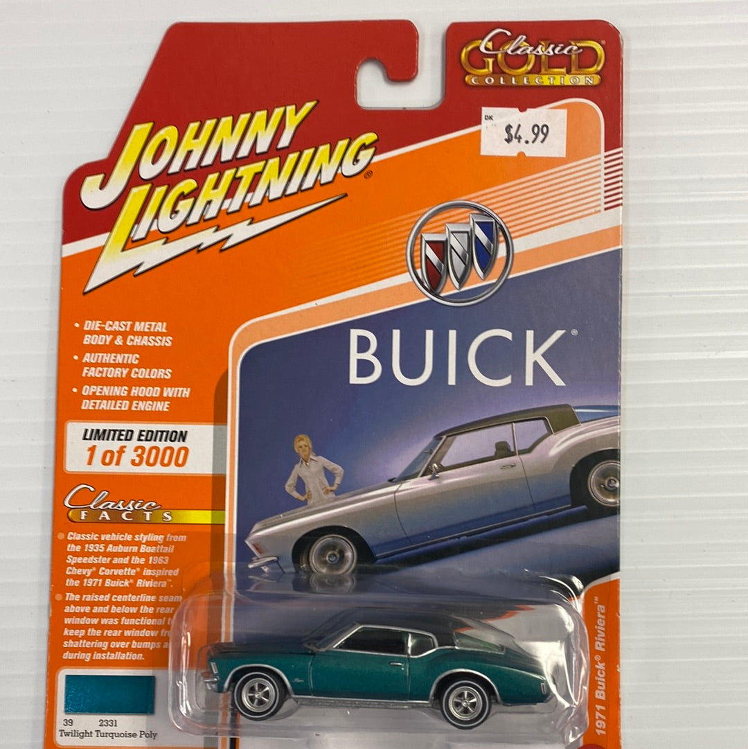 Die-cast model of a 1971 Buick Riviera in teal and silver for Johnny Lightning JLCG021-A-1-6