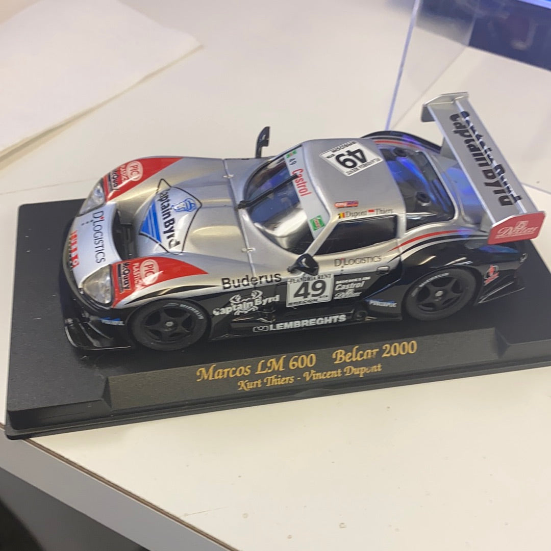 Scale model race car, Marcos LM 600 Belcar 2000, silver and red for Fly Car A29