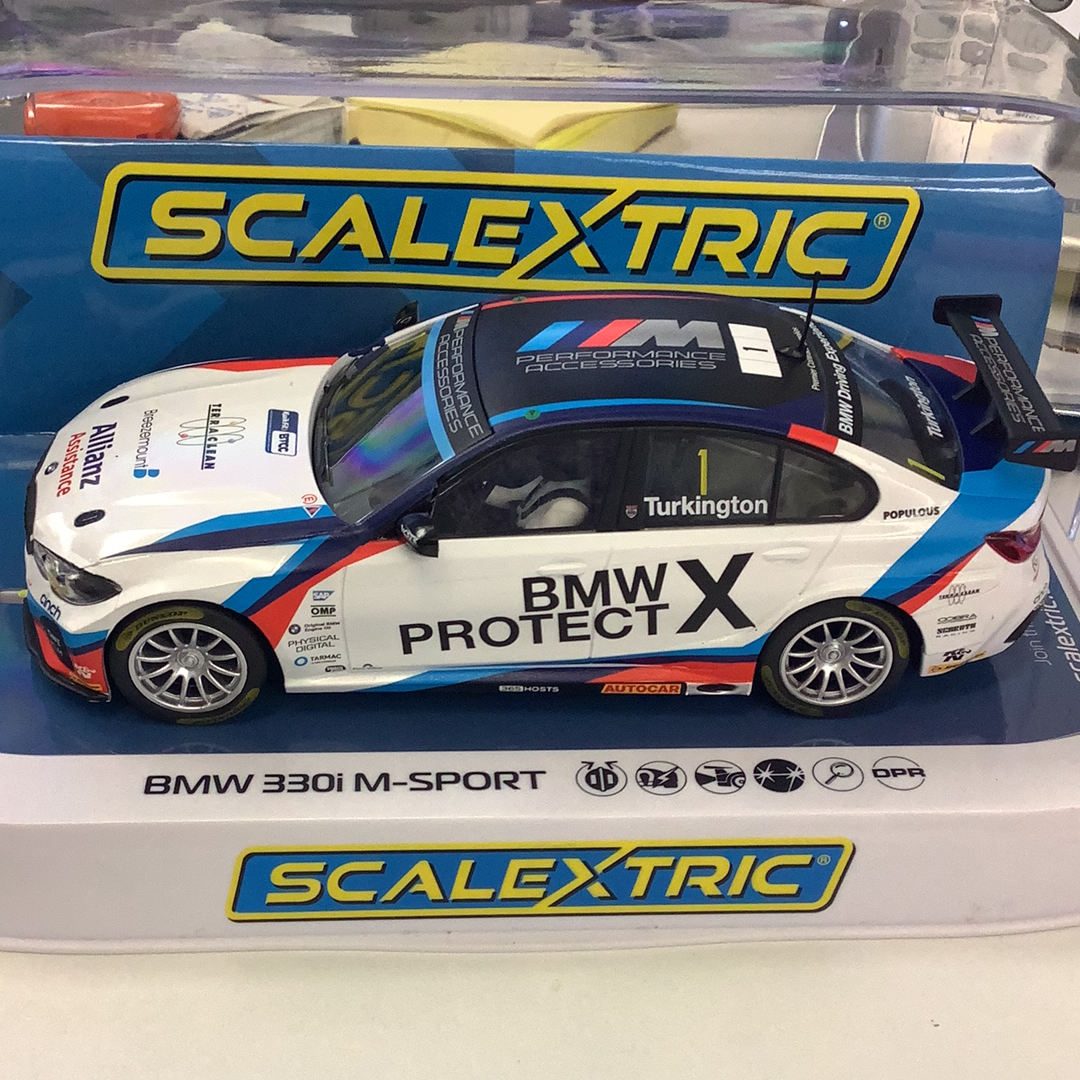 Blue and white BMW 330i M-Sport race car model for Scalextric 1/32 Slot Cars C4188T