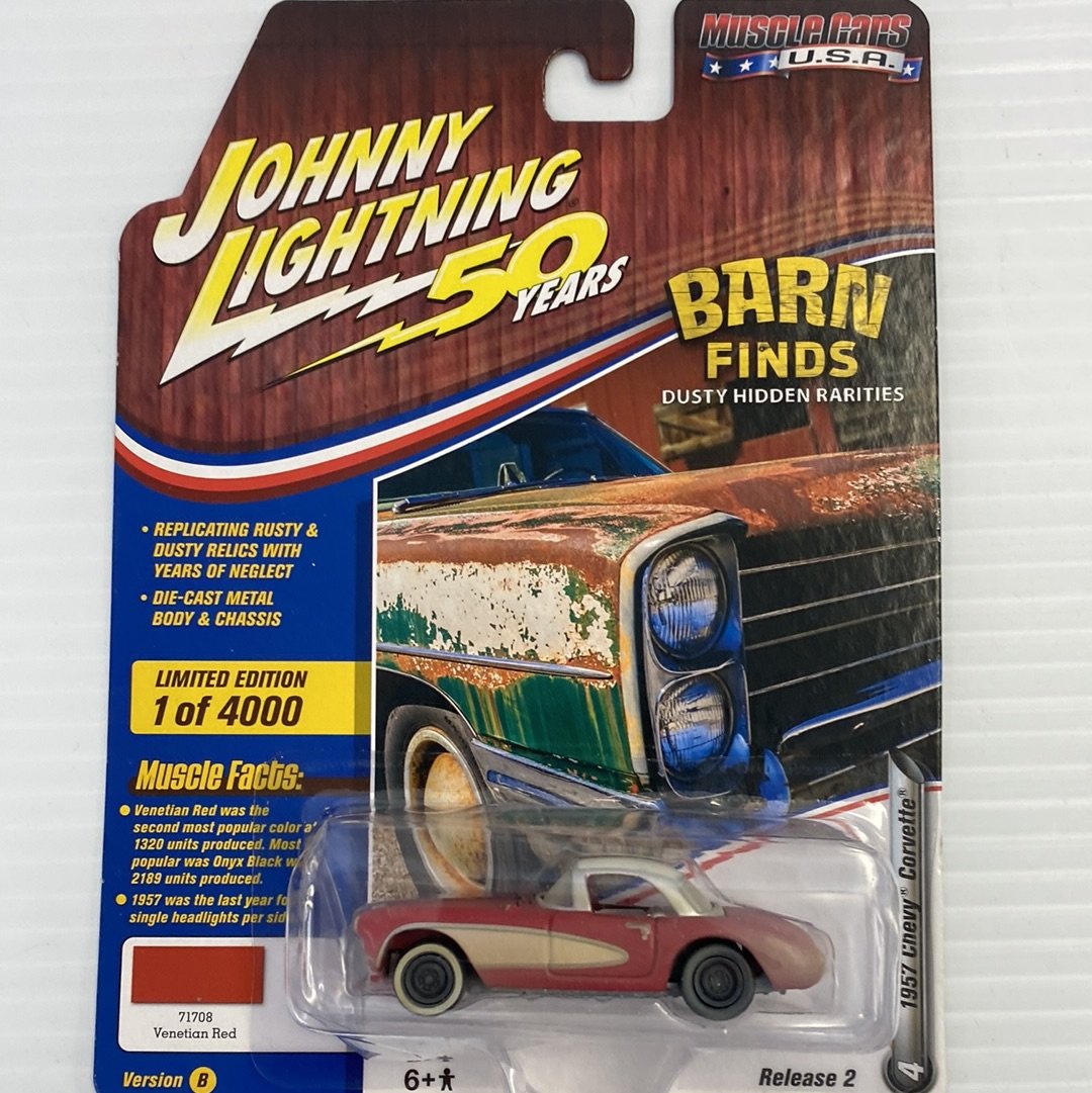 1957 Chevy Corvette diecast model in Venetian Red for Johnny Lightning JLMC020-4