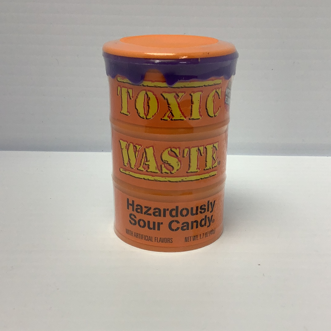 Orange candy container labeled "Toxic Waste" sour candy for Nassau Candy 25843