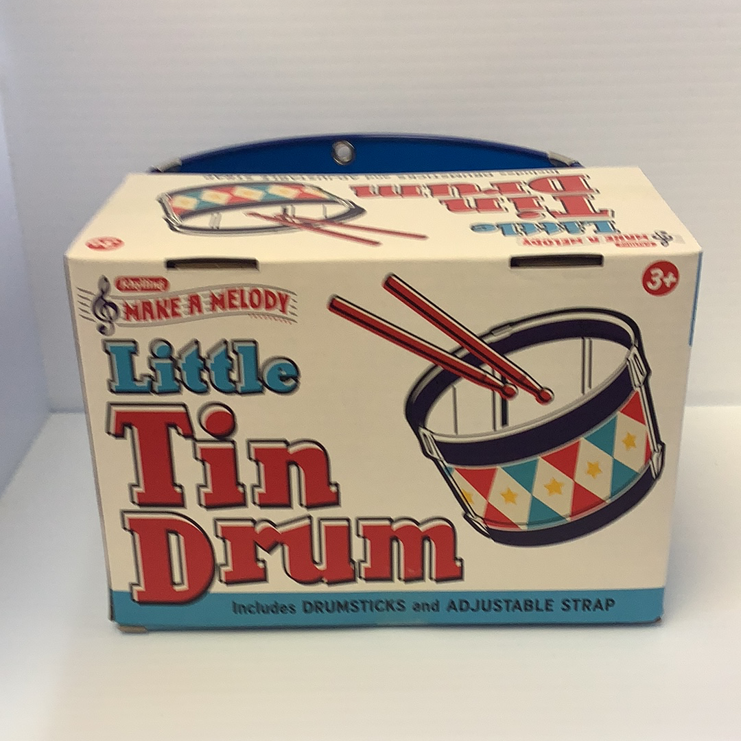 Toy tin drum set with mallets and strap, ready for play for Schylling TD