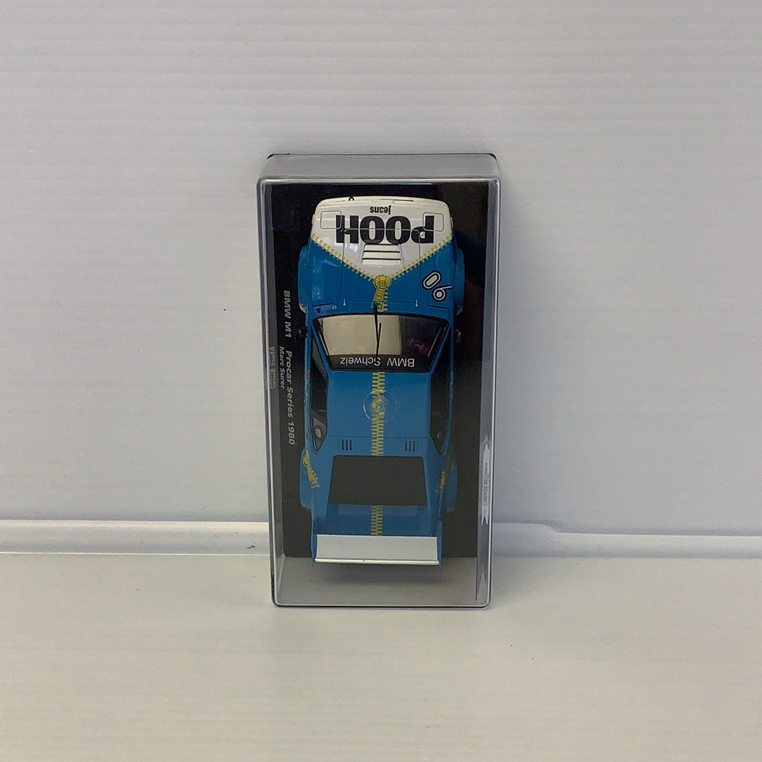 Blue and white slot car in clear plastic packaging for Fly Car 88205