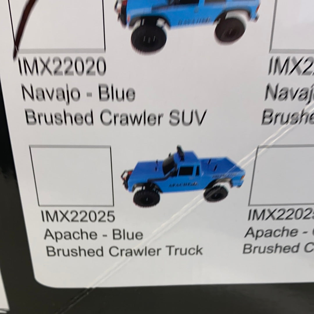 Blue brushed crawler SUV and truck models displayed for sale for IMEX 22020