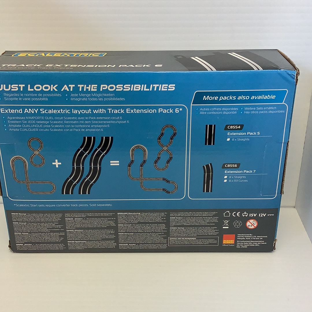Train track extension set with various curved and straight pieces for Scalextric C8555
